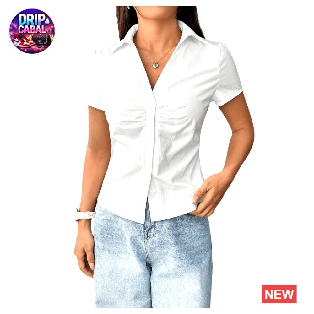 Ruched V-Neck Button Down Blouse Short Sleeve Work Shirt Chic Office Casual